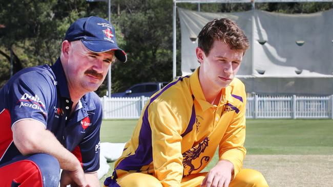 Cricket Gold Coast One Day Cup Grand Final. Howard Biddle (Mudgeeraba) and Cody Durante (Palm Beach) inspect the pitch before the first grade final. Picture Glenn Hampson