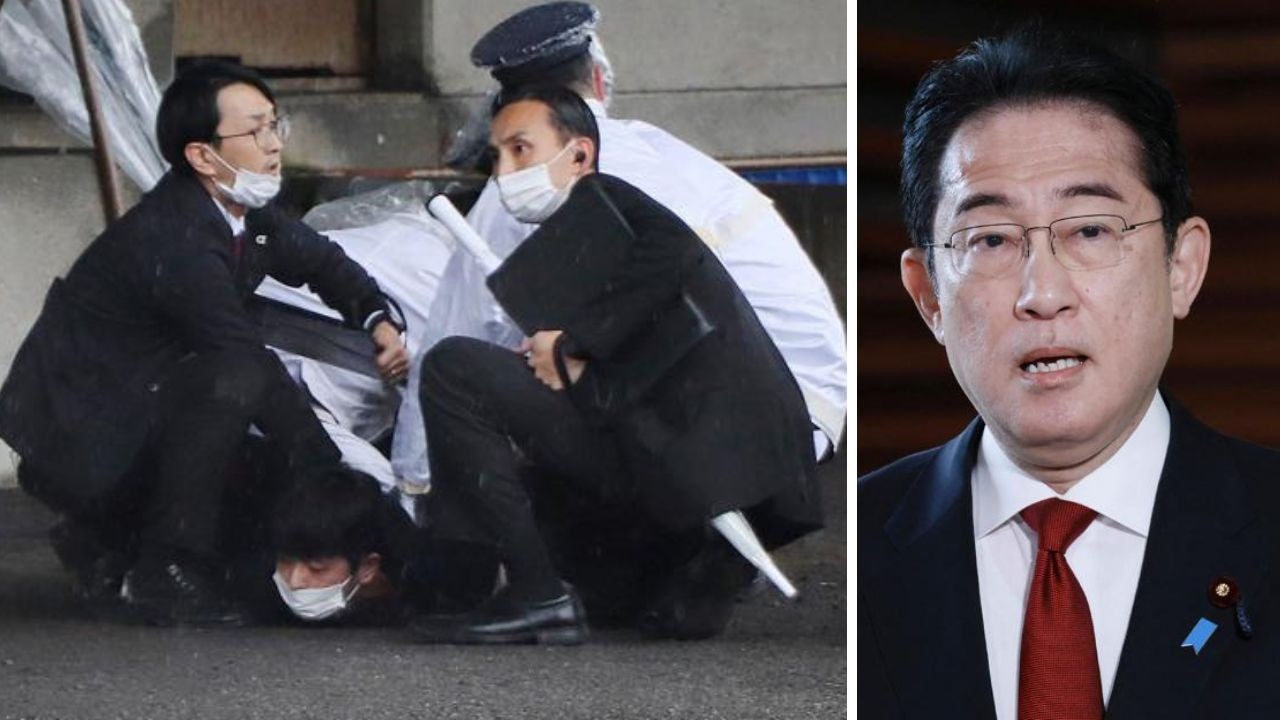 Japan PM safe after 'smoke bomb' at speech. Picture: JIJI Press / AFP / Japan OUT