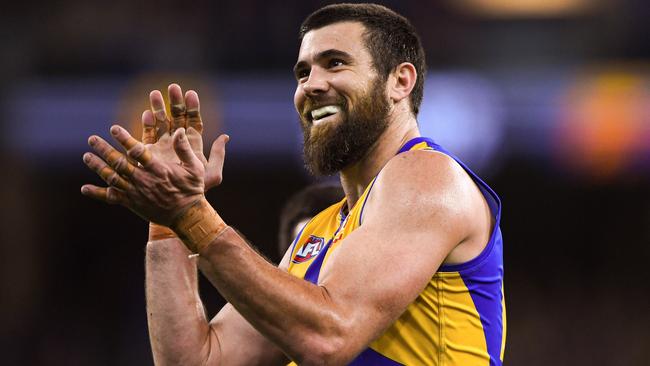 PERTH, AUSTRALIA - JUNE 13: Josh J. Kennedy of the Eagles celebrates a goal during the 2021 AFL Round 13 match between the West Coast Eagles and the Richmond Tigers at Optus Stadium on June 13, 2021 in Perth, Australia. (Photo by Daniel Carson/AFL Photos via Getty Images)