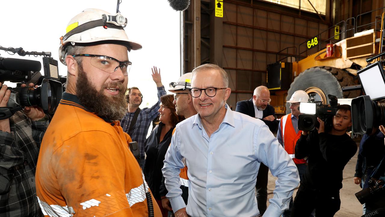 Labor leader Anthony Albanese visits Mount Thorley Warkworth mine in regional New South Wales on day 4 of the federal election campaign. Picture: Toby Zerna