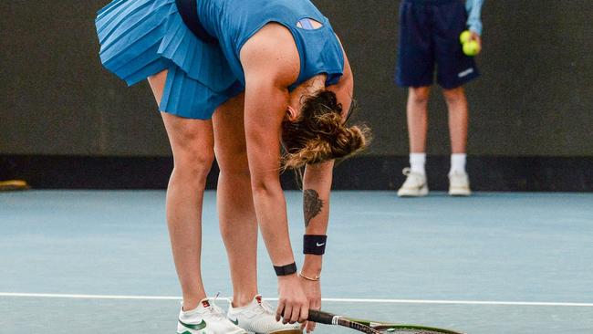 Aryna Sabalenka had a tough day on court against Kaja Juvan. Picture: AFP