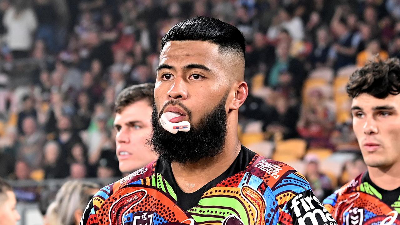 BRISBANE, AUSTRALIA - MAY 27: Payne Haas of the Broncos enters the field of play during the round 12 NRL match between the Brisbane Broncos and the Gold Coast Titans at Suncorp Stadium, on May 27, 2022, in Brisbane, Australia. (Photo by Bradley Kanaris/Getty Images)