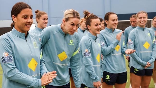 MELBOURNE, AUSTRALIA - NewsWire Photos NOVEMBER 13, 2022 :  Australian womenÃs national soccer team Captain Sam Kerr, leads the Matildas into the Elite Football Centre to surprise some young girl soccer players. Picture NCA NewsWire / Ian Currie