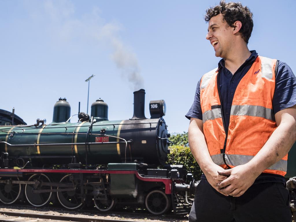 Andrew Caldwell with the Pride of Toowoomba steam engine at DownsSteam Tourist Railway and Museum Picture: Kevin Farmer