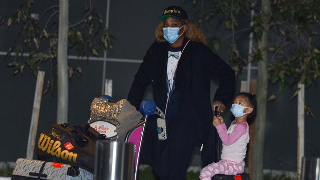 Serena Williams and her daughter Alexis Olympia arrive in Adelaide on January 14