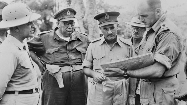 Major General George Wootten (second from left) in Borneo, 1945. Picture: Facebook