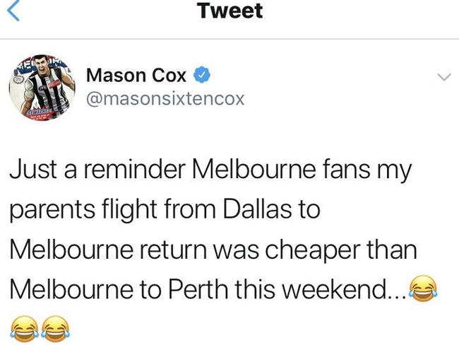 Mason Cox sledges Melbourne fans.