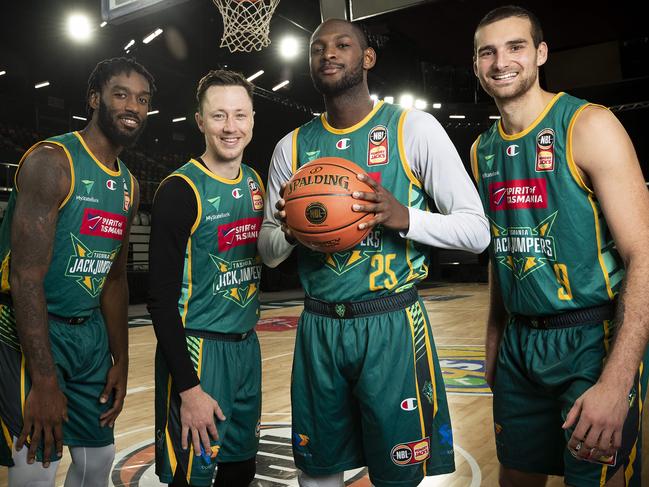 JackJumpers players Rashard Kelly, Josh Magette, Milton Doyle and Jack McVeigh at MyState Bank Arena. Picture: Chris Kidd