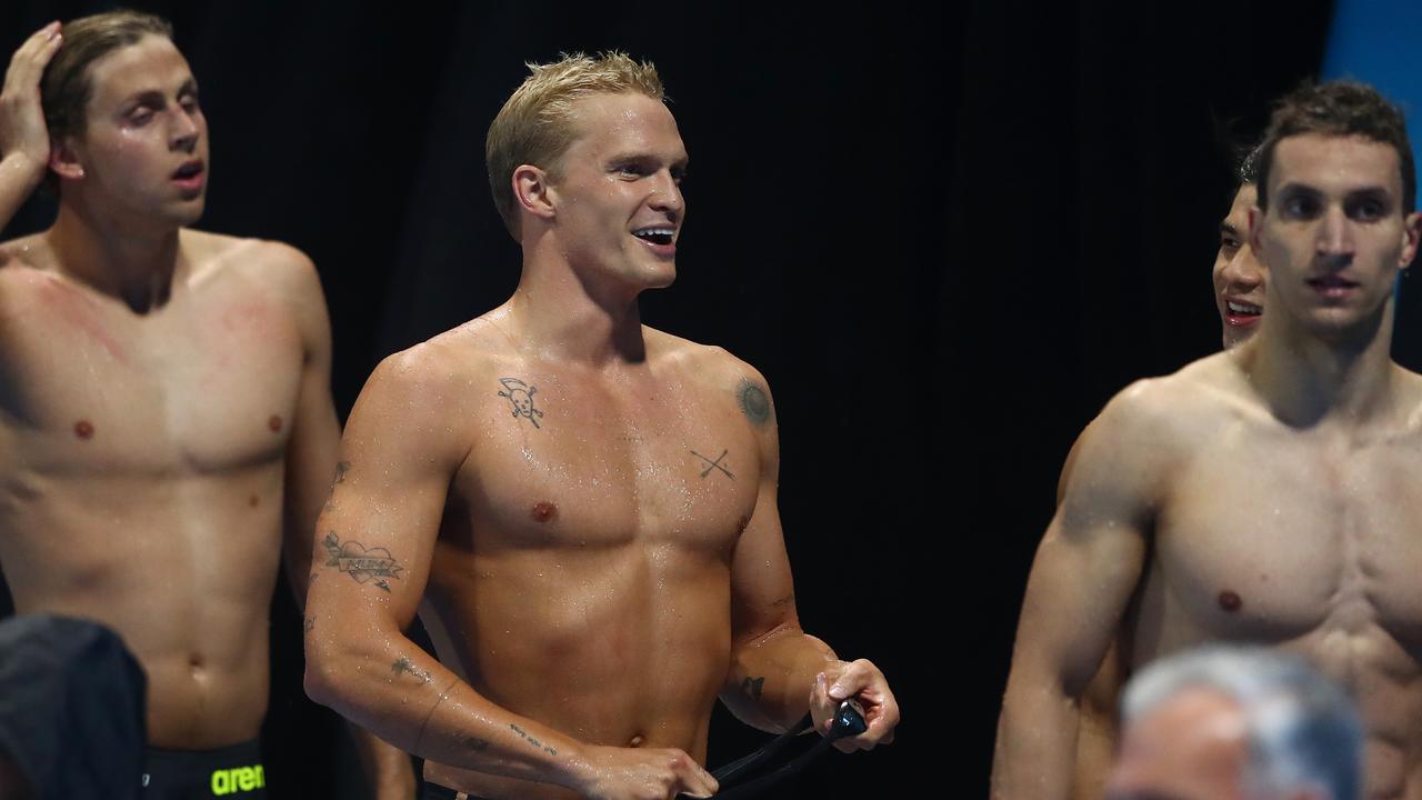 Cody Simpson (C) unleashed a stellar swim in the Australian Championships on Saturday night (Photo by Chris Hyde/Getty Images).