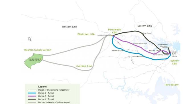 A map of the fast rail connecting Parramatta to the proposed airport and Sydney CBD, included in the Western Sydney Airport Fast Train Discussion Paper by Parramatta Council &amp; Sydney Business Chamber.