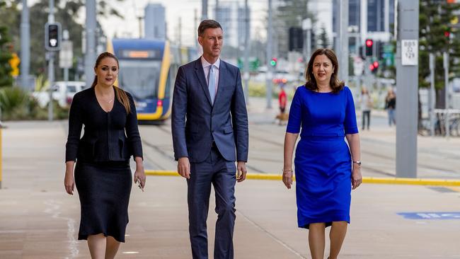 Premier Annastacia Palaszczuk with Mark Bailey, Queensland Minister for Transport and Main Roads, and Gaven MP Meaghan Scanlon. Picture: Jerad Williams.