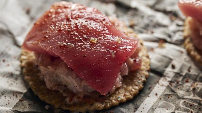 Froknacke + albacore from new Hobart eatery Schole. Picture: Luke Burgess