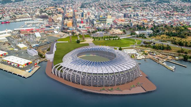 Concept drawings of a new design for a Macquarie Point Stadium by the Stadia Precinct Consortia led by Dean Coleman and Paul Lennon. Picture: SolutionsWon