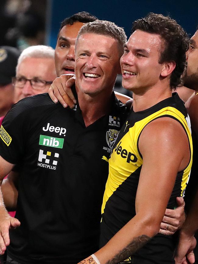 Rioli enjoys Richmond’s 2020 premiership with his now Gold Coast coach Damien Hardwick. Picture: Sarah Reed