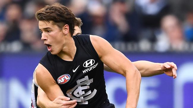 Carlton rookie Liam Stocker in his second game after the Blues’ controversial draft trade last year. Picture: Quinn Rooney/Getty Images