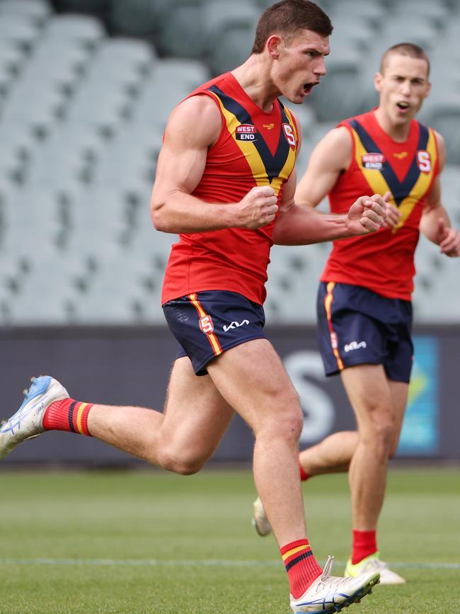 Glenelg's Matthew Allen celebrates kicking a goal for the SANFL against the WAFL. Picture: David Mariuz/SANFL