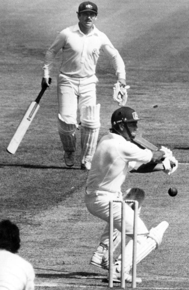 Doug Walters on his way to scoring his last Test century for Australia as Allan Border looks on. But against who and in what year?