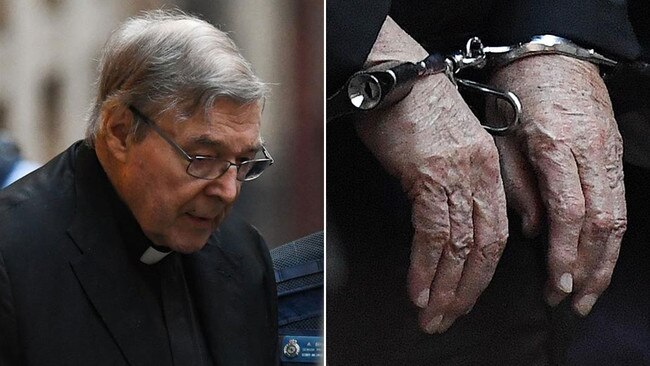 Cardinal Geroge Pell is taken from court in handcuffs.