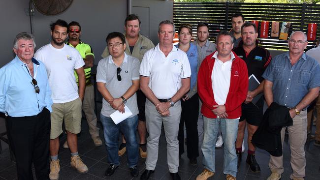 Games Village subcontractors out of pocket after collapse of site contractor Ware Building meeting at Oxenford Tavern to discuss their next move. Pictured are builders (L to R) Frank Cairns, Emanuel Ibrahim, Dale Martin, Perry Richardson, Shane Tanner, Patrick Ashton, Melissa Slattery, David Mawhinney, Norbert Vigh, Bruce Alker Jrn, Brian Pollock. Photo: Steve Holland