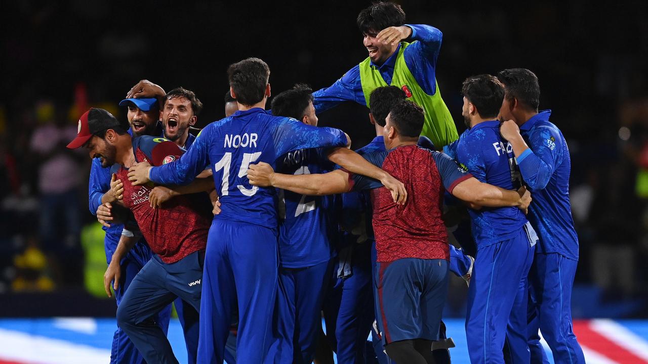 Afghanistan players celebrate. Photo by Gareth Copley/Getty Images