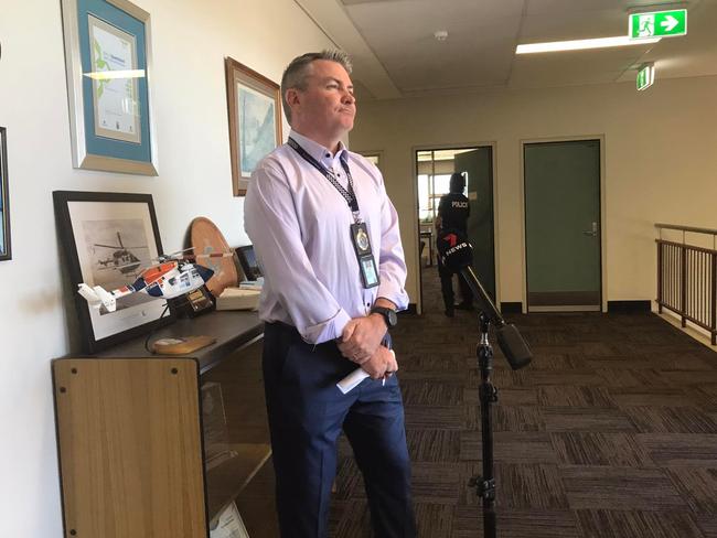 Bundaberg CIB Detective Senior Sergeant Michael Bishop addresses media the day after an arson attack in Bundaberg.