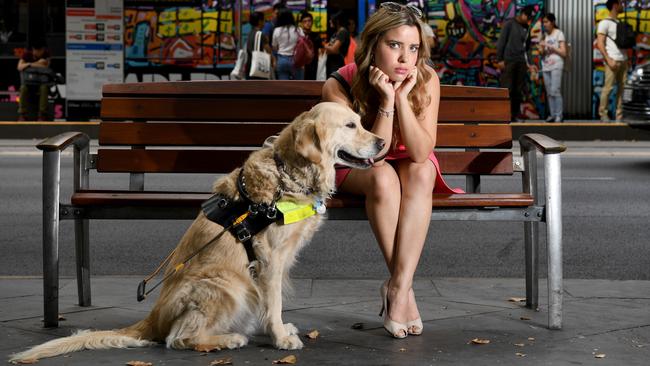 Rachael Leahcar with her RSB Guide Dog Ella at the location where she was refused an Uber pickup. Picture: Tricia Watkinson