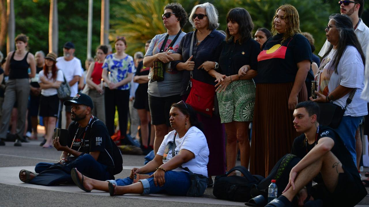Hundreds of Top End residents gathered outside the NT Parliament on Wednesday during a vigil for Kumanjayi White, a 24-year-old Warlpiri man with a disability who died after being restrained by police in the Alice Springs Coles. Picture: Zizi Averill
