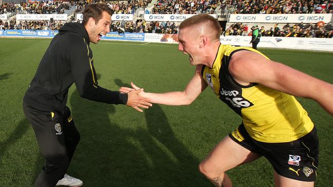 Rance celebrates Richmond’s VFL win with Callum Moore. Picture: Michael Klein