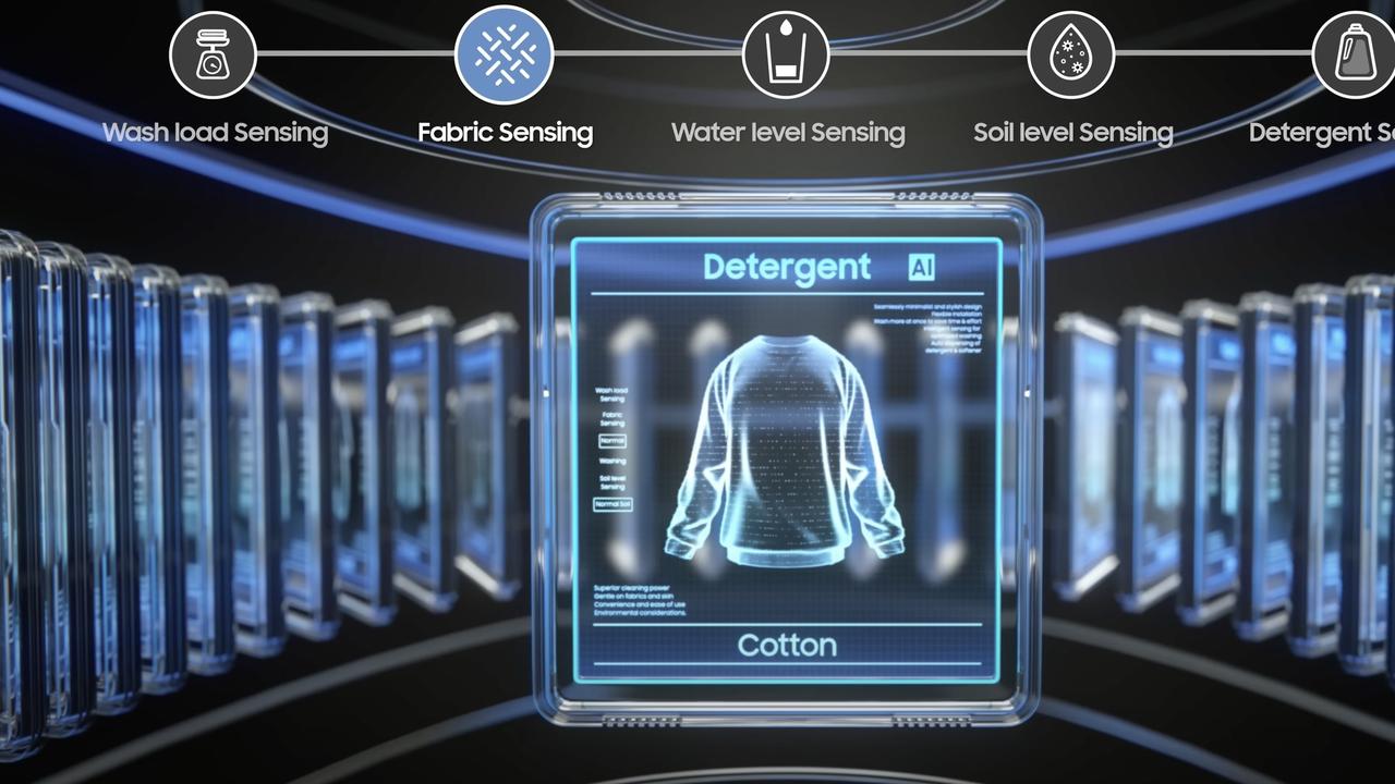 The Samsung washing machine and heat pump dryer uses a range of sensors to detect the types of clothes, how dirty they are and how much water and detergent to use.