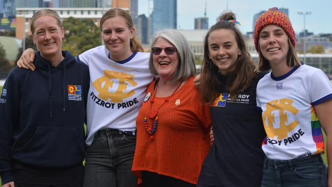 Joan Eddy (centre) with senior women’s players (from left) Jess Hayes, Alexa Madden, Gemma Muniz, Cass Blake. Picture: Hannah Knocker