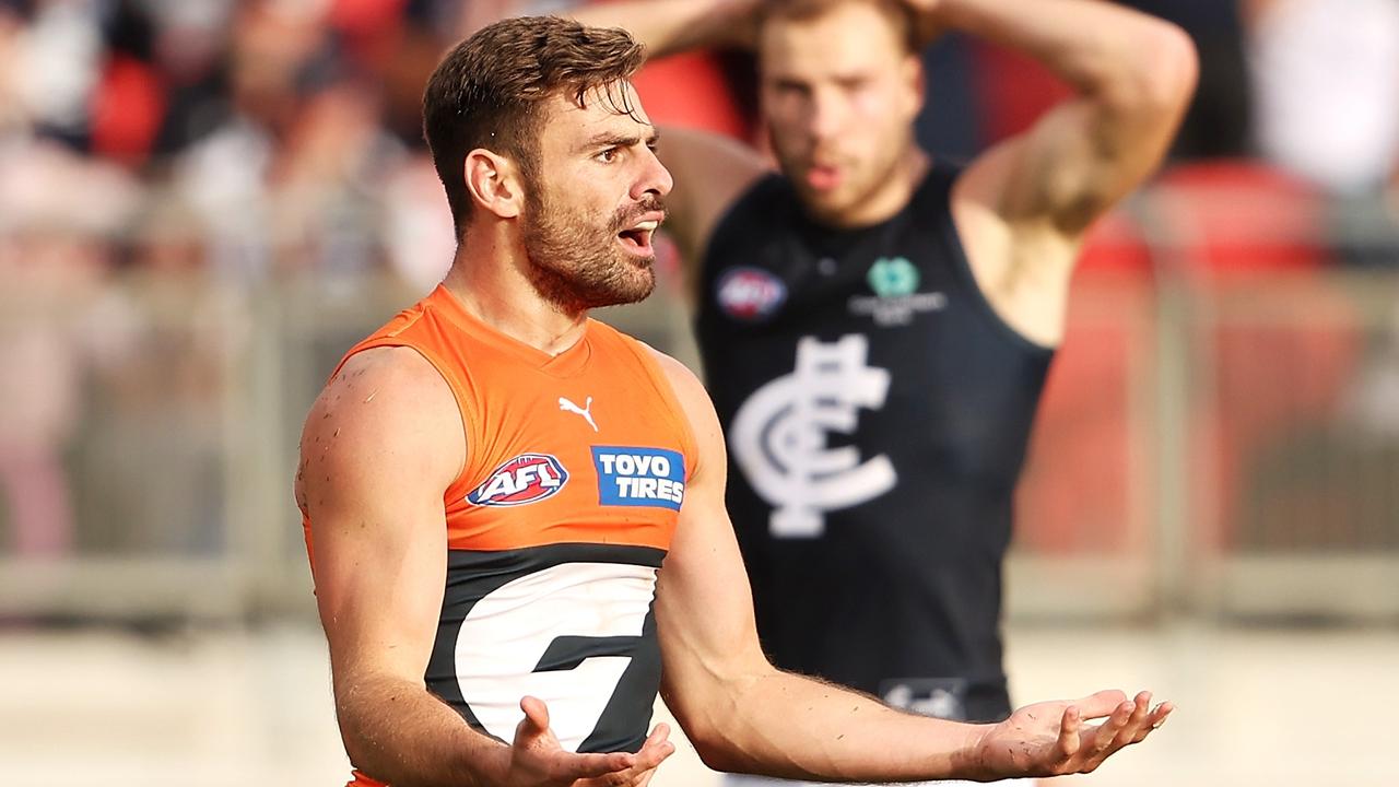 Stephen Coniglio of the Giants appeals to the umpire. Picture: Mark Kolbe