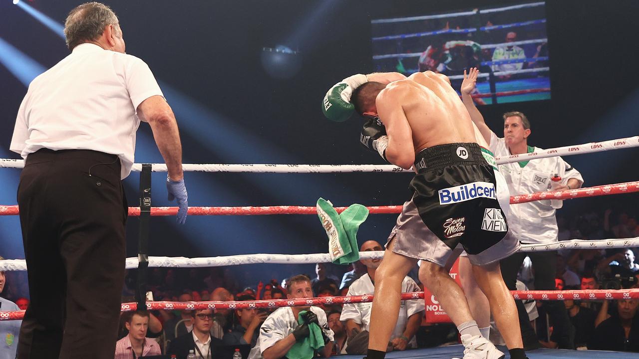 Dennis Hogan’s team threw in the towel to stop the fight against Tim Tszyu at Newcastle. Picture: Cameron Spencer/Getty Images