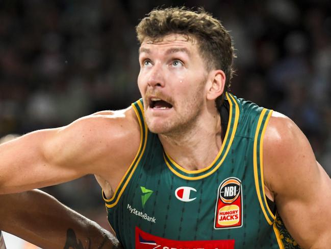 LAUNCESTON, AUSTRALIA - NOVEMBER 16: Will Magnay of the Jackjumpers contests the rebound with Anthony Lamb of the Breakers in the round eight NBL match between Tasmania Jackjumpers and New Zealand Breakers at Silverdome, on November 16, 2023, in Launceston, Australia. (Photo by Simon Sturzaker/Getty Images)