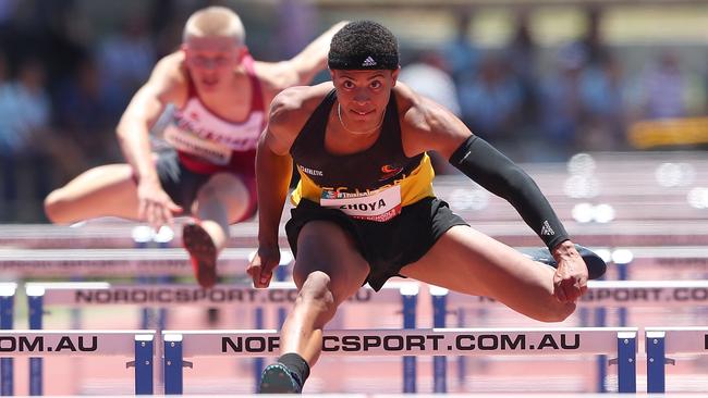 Western Australian athlete Sasha Zhoya competes in the boys under 16 110 metre hurdles during the Australia All Schools Championships in Adelaide. Picture: Tony Feder/Getty Images