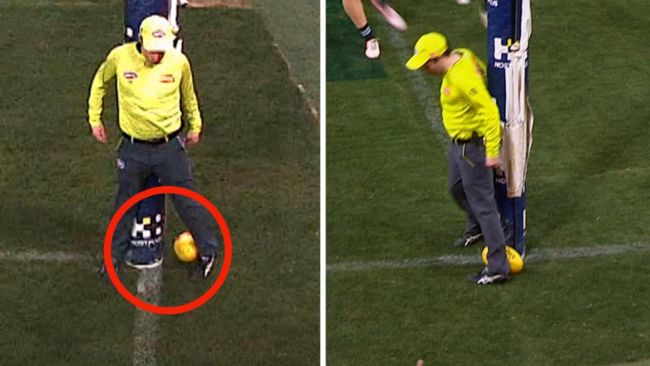 The goal umpire couldn't quite get his dancing feet out of the way.