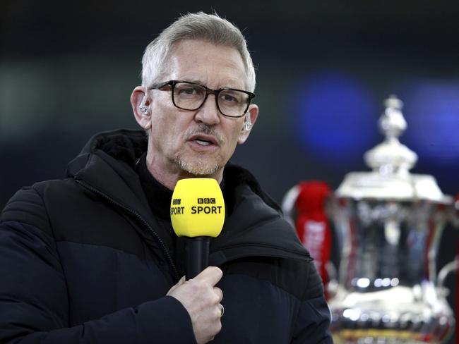 FILE - British Broadcaster and former soccer player Gary Lineker speaks, during the English FA Cup soccer match between Leicester City and Manchester United, in Leicester, England, March 21, 2021. (Ian Walton/PA via AP, File)