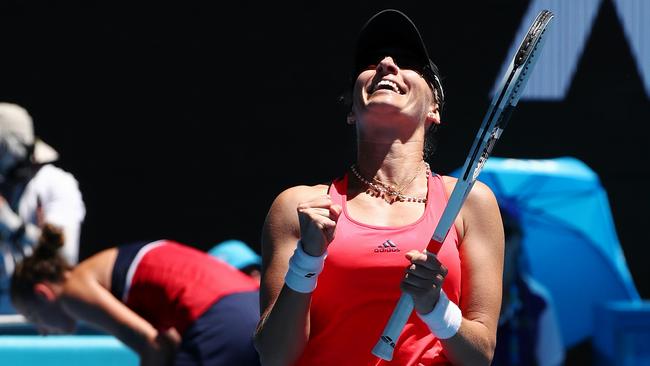 Mirjana Lucic-Baroni celebrates an Australian Open win. Picture: George Salpigtidis