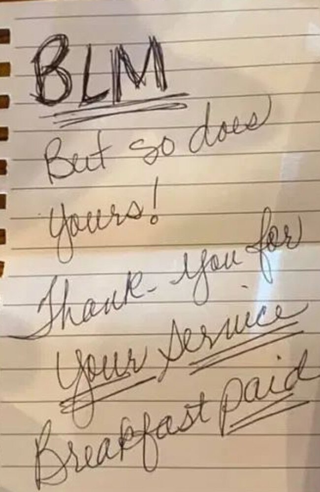 A note left in a fast food joint in America's south from two black women for white cop Jody McDowell. Picture: Facebook