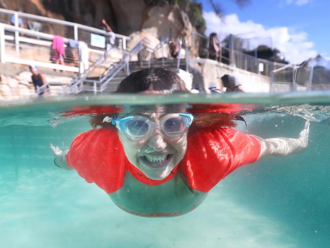 Pictured at Bronte Beach ocean pool in Sydney is Evette Marangos after swimming 30 laps for her daily exercise.Water clarity is very good across Sydney at the moment.Picture: Richard Dobson