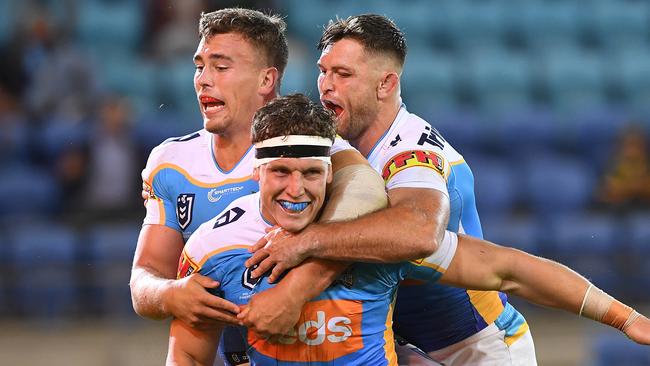 Jarrod Wallace of the Titans reacts after scoring a try. Picture: AAP Image/Dave Hunt