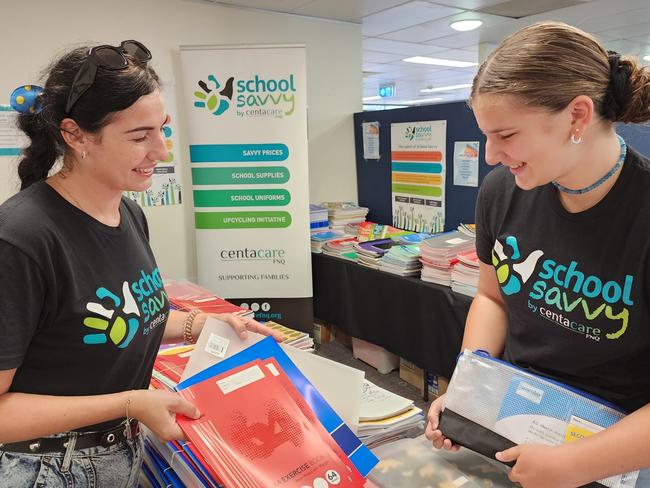 Centacare FNQâs School Savvy program is all about community-supporting communityâ Yana Nikolenko & 2024 School Savvy Youth Ambassador Yasmin Rivett calls for stationary donations. Photo: Supplied