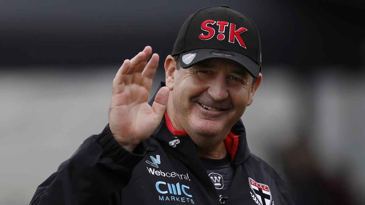 Ross Lyon is all smiles at St Kilda training, as young guns have been showing plenty of promise over the pre-season. Picture: Michael Klein