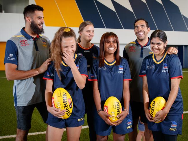 28/11/2018 Crows launch new Aboriginal academy. Wayne Milera, Breanah Bunce 14 (academy player) Daniel Ponter (Crows AFLW), Charissa Murray 14 (academy player), Jaeanne Milera-Champion 14 (academy player) and Eddie Betts at the Adelaide Football Club. Picture MATT TURNER.