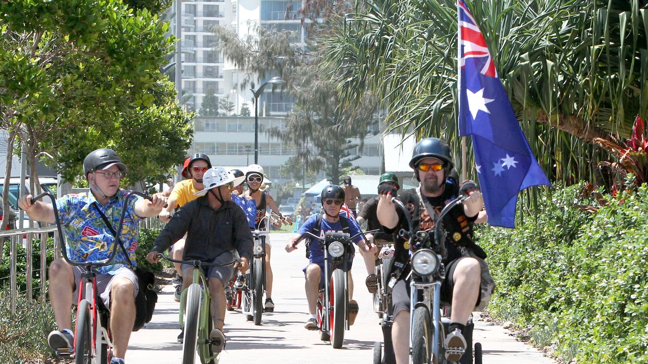 People celebrating Australia Day at Kurrawa Park Broadbeach. Members of the Custom Cruisers taking part in the Chopaderos Australia day Cruise. Pic Mike Batterham