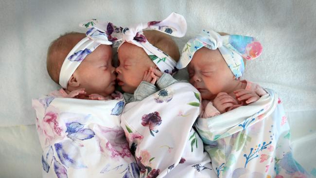 There are major changes afoot at the Mater, where thousands of Queensland babies have been born over the decades including triplets Mabel, Poppy and Nora. Picture: Jamie Hanson