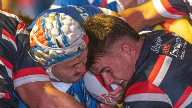 Manly player Albert Ingleton locks horns with an Easts player in round five. Pictures: Julian Andrews