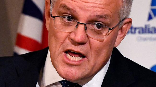 Australian prime minister Scott Morrison speaks at the Australia-Israel Chamber of Commerce luncheon as he campaigns in Melbourne on May 18, 2022 ahead on the May 21 general election. (Photo by William WEST / AFP)