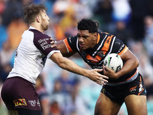 Thomas Mikaele of the Tigers (R) was impressive in his debut. Picture: Matt King/Getty Images