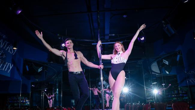Simon Sutcliffe and Jessica Jarvis entertain patrons at OnlyFans Ball at Discovery Nightclub in May. Picture: Glenn Campbell