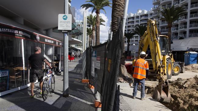 Normally bustling Broadbeach hub Surf Parade is open for business but suffered a major trading hit since city council’s $4.5 million upgrade began closing the street to vehicles. Photo: Jerad Williams